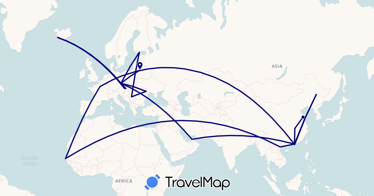TravelMap itinerary: driving in United Arab Emirates, Austria, China, Czech Republic, Finland, France, Iceland, Lithuania, Moldova, Serbia, Senegal, Tanzania, Vietnam (Africa, Asia, Europe)